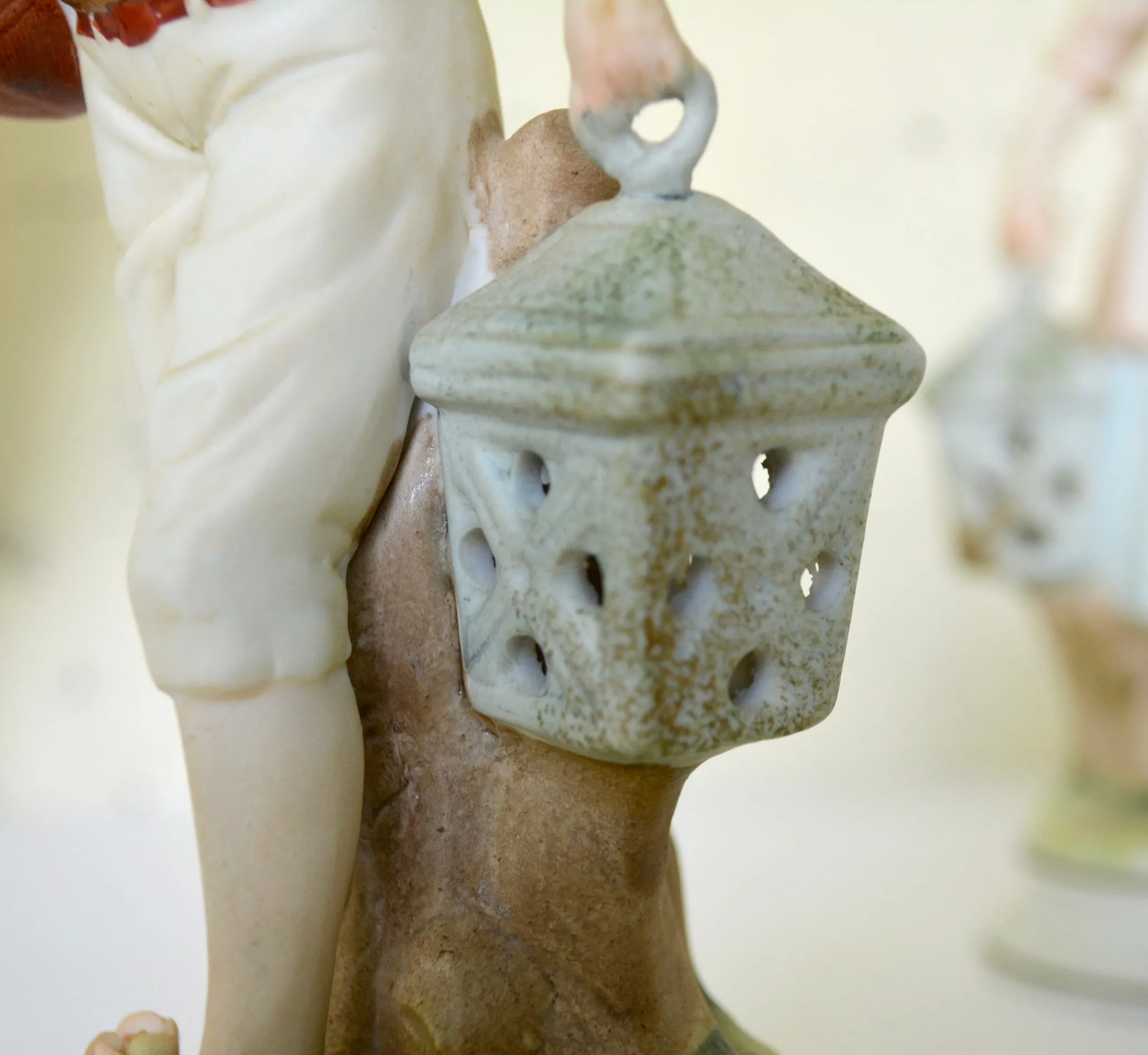 Antique Pair Figurines Boy & Girl w/ Baskets of Flowers Lanterns Birdcages Hand Painted