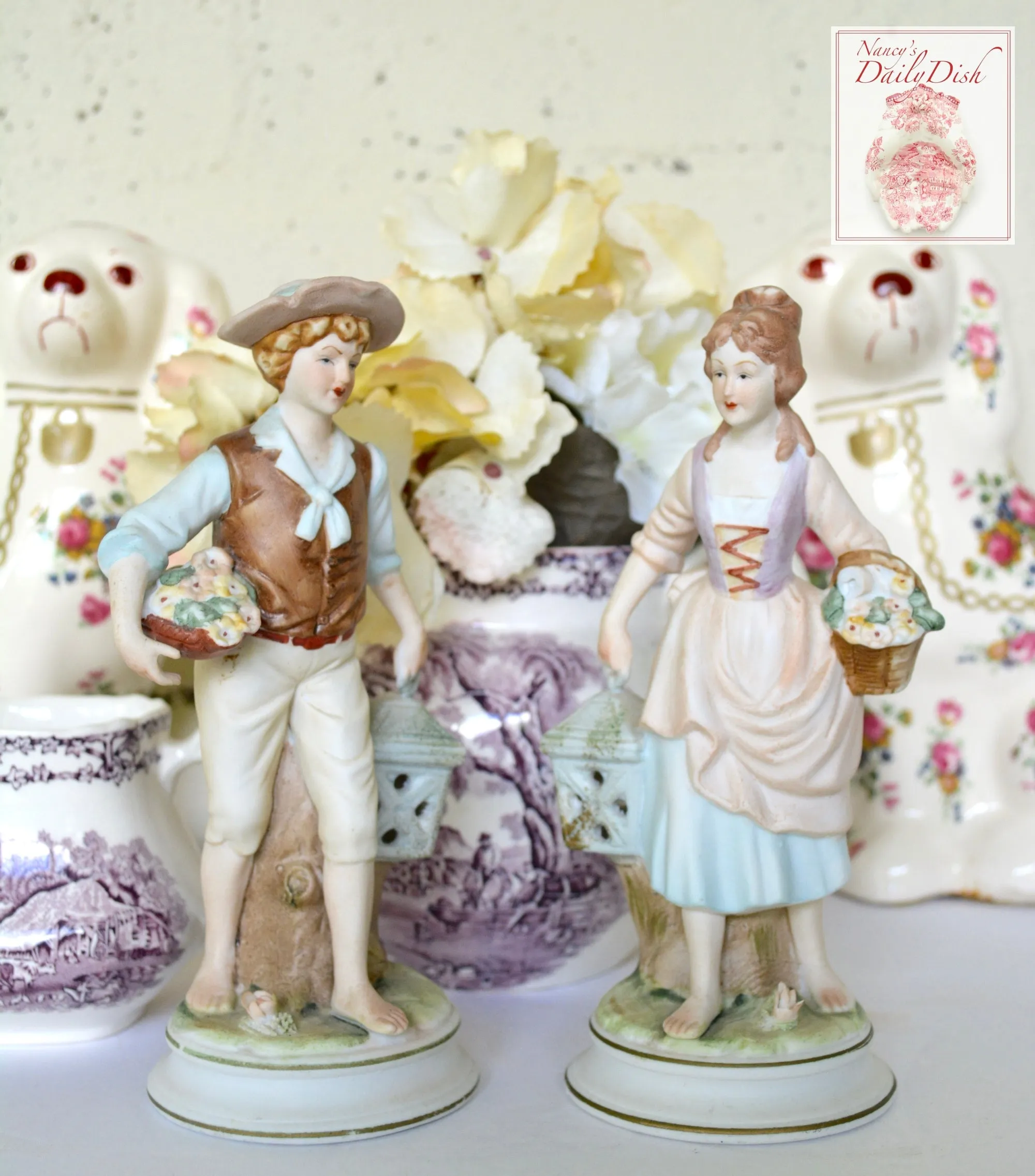 Antique Pair Figurines Boy & Girl w/ Baskets of Flowers Lanterns Birdcages Hand Painted