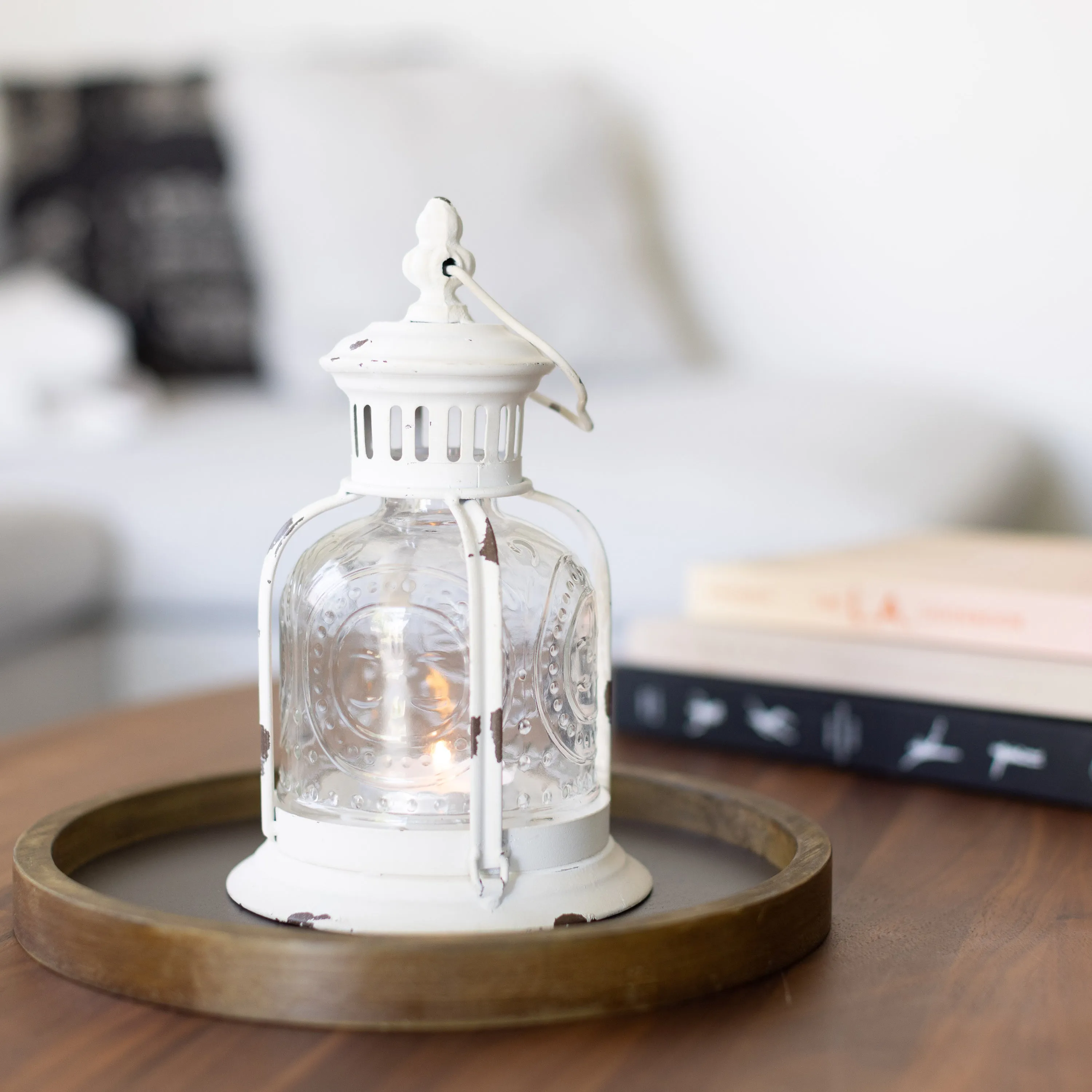 Antique White Metal Votive Candle Lantern