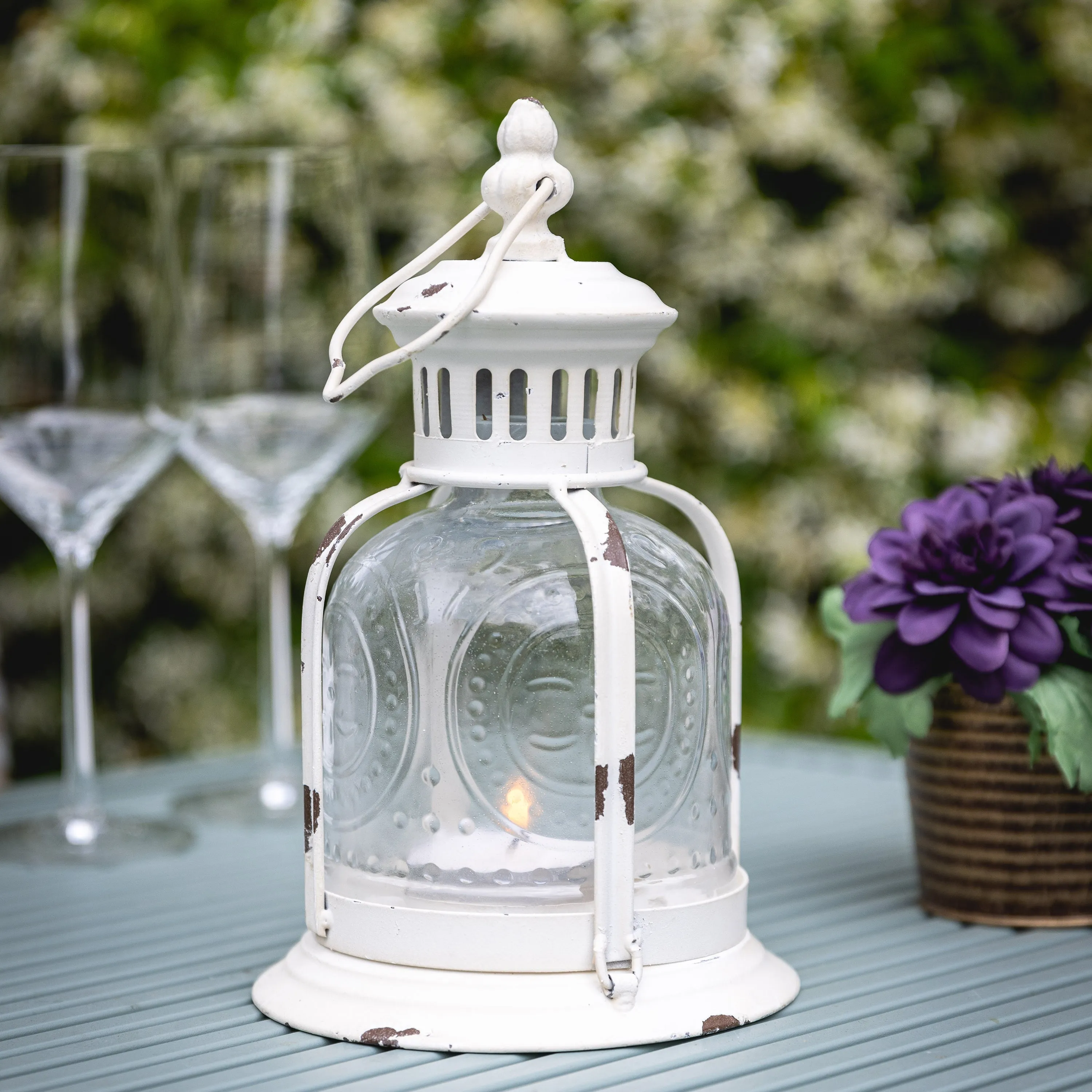 Antique White Metal Votive Candle Lantern