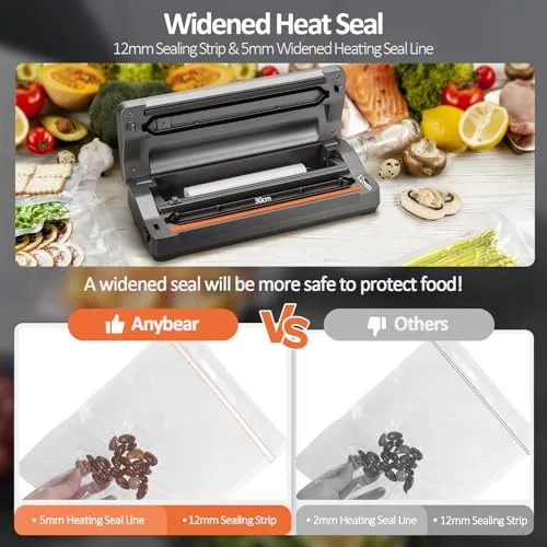 Anybear Vacuum Sealer Machine, 90kPa 120W Wide Seal All-IN-1 Powerful Food Storage, Build-in Cutter | Bags Storage | Digital Countdown Display | 2 Bag Rolls and 5pcs Pre-cut Bags (Gray)