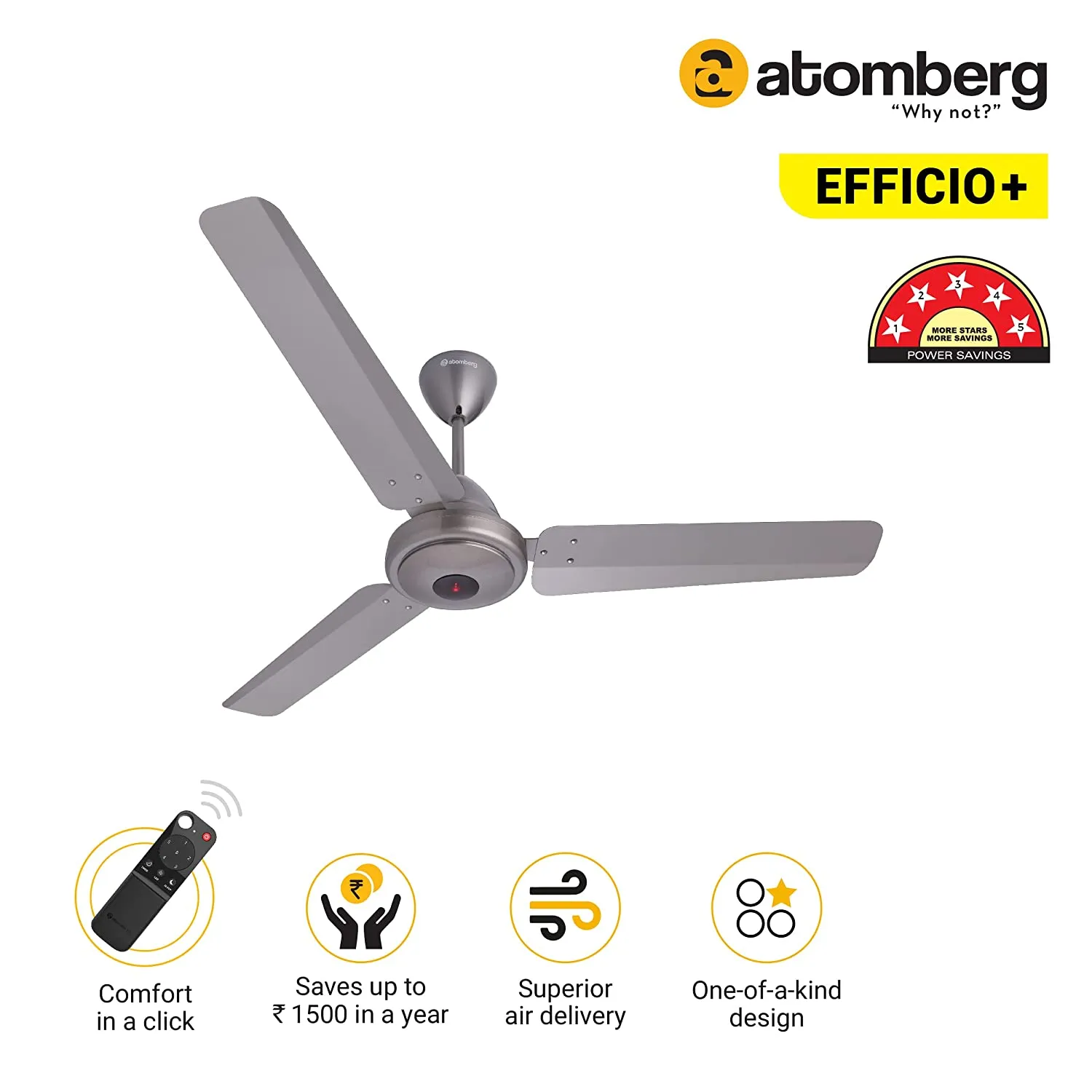 Atomberg Efficio  1200 mm BLDC Motor with Remote 3 Blade Ceiling Fan sand grey