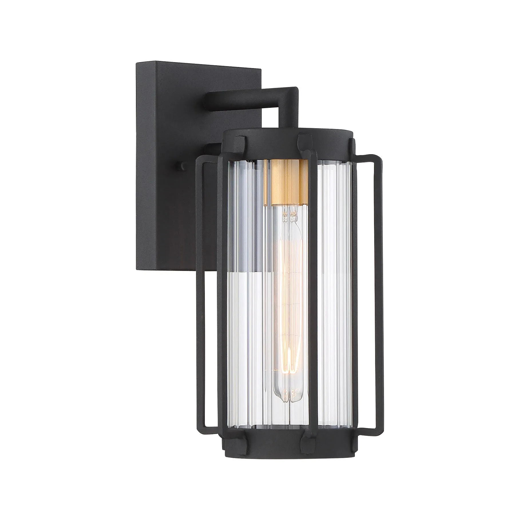 Avonlea 1-Light Outdoor Wall Sconce in Coal with Gold & Clear Ribbed Glass