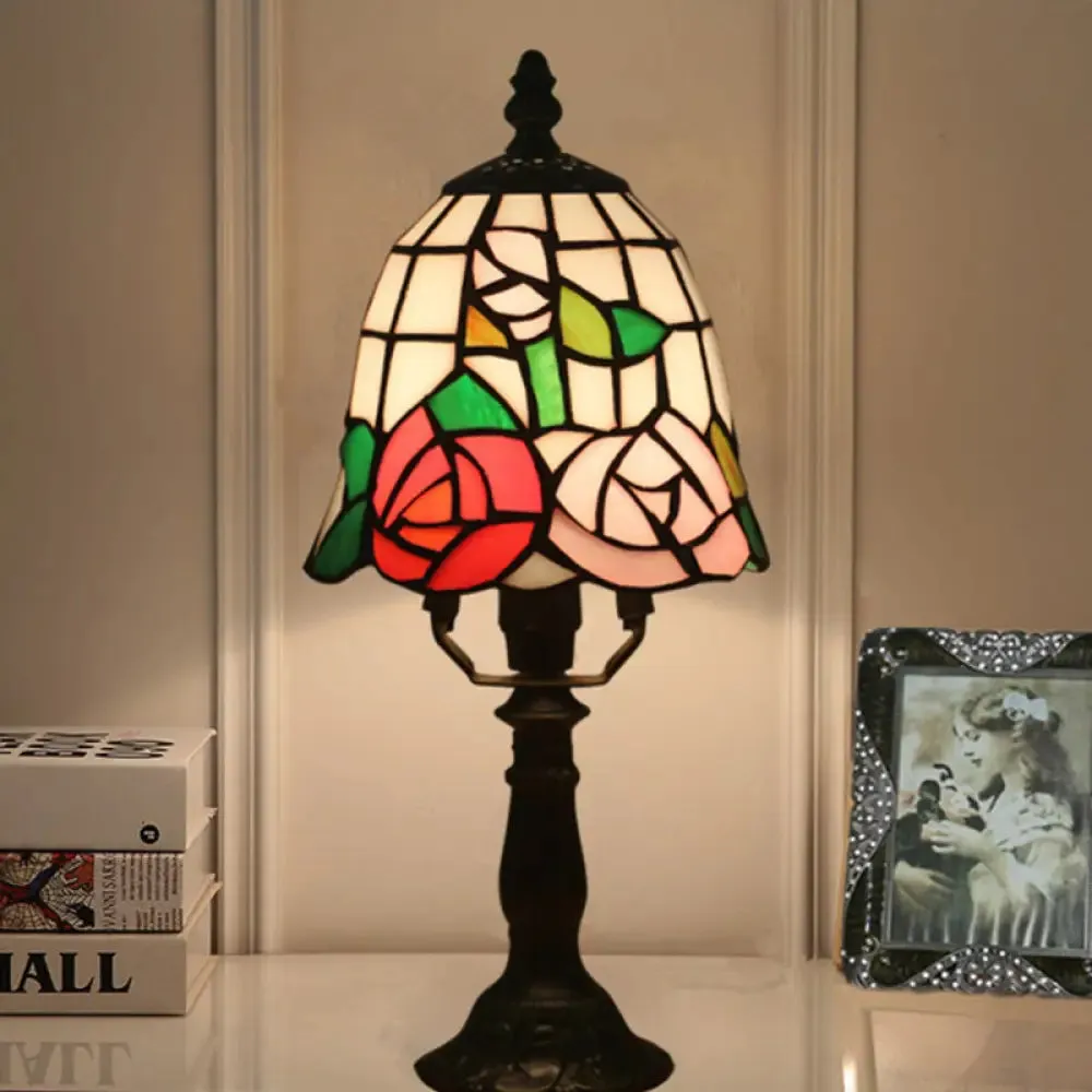 Baroque Bell Stained Art Glass Nightlight Table Lamp in Pink/Orange - Bloom Pattern Bedside Lighting