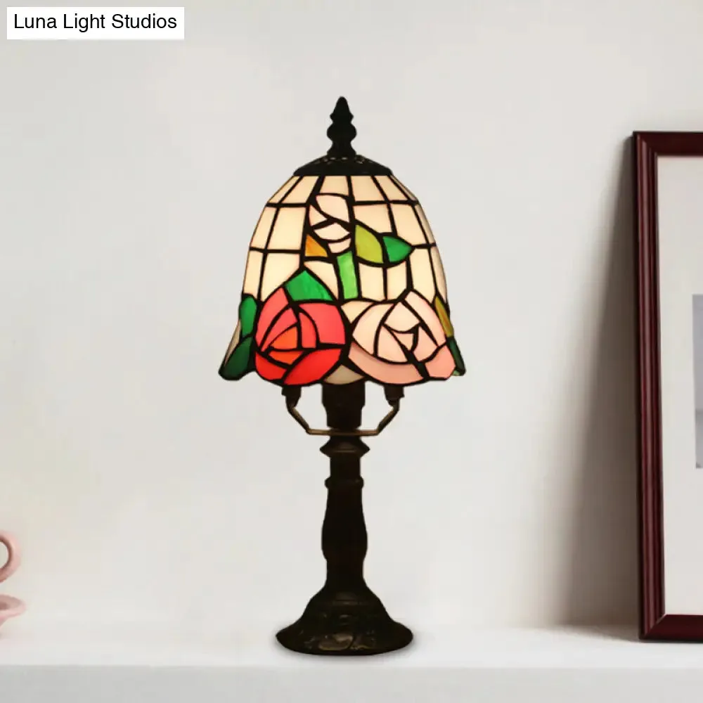 Baroque Bell Stained Art Glass Nightlight Table Lamp in Pink/Orange - Bloom Pattern Bedside Lighting