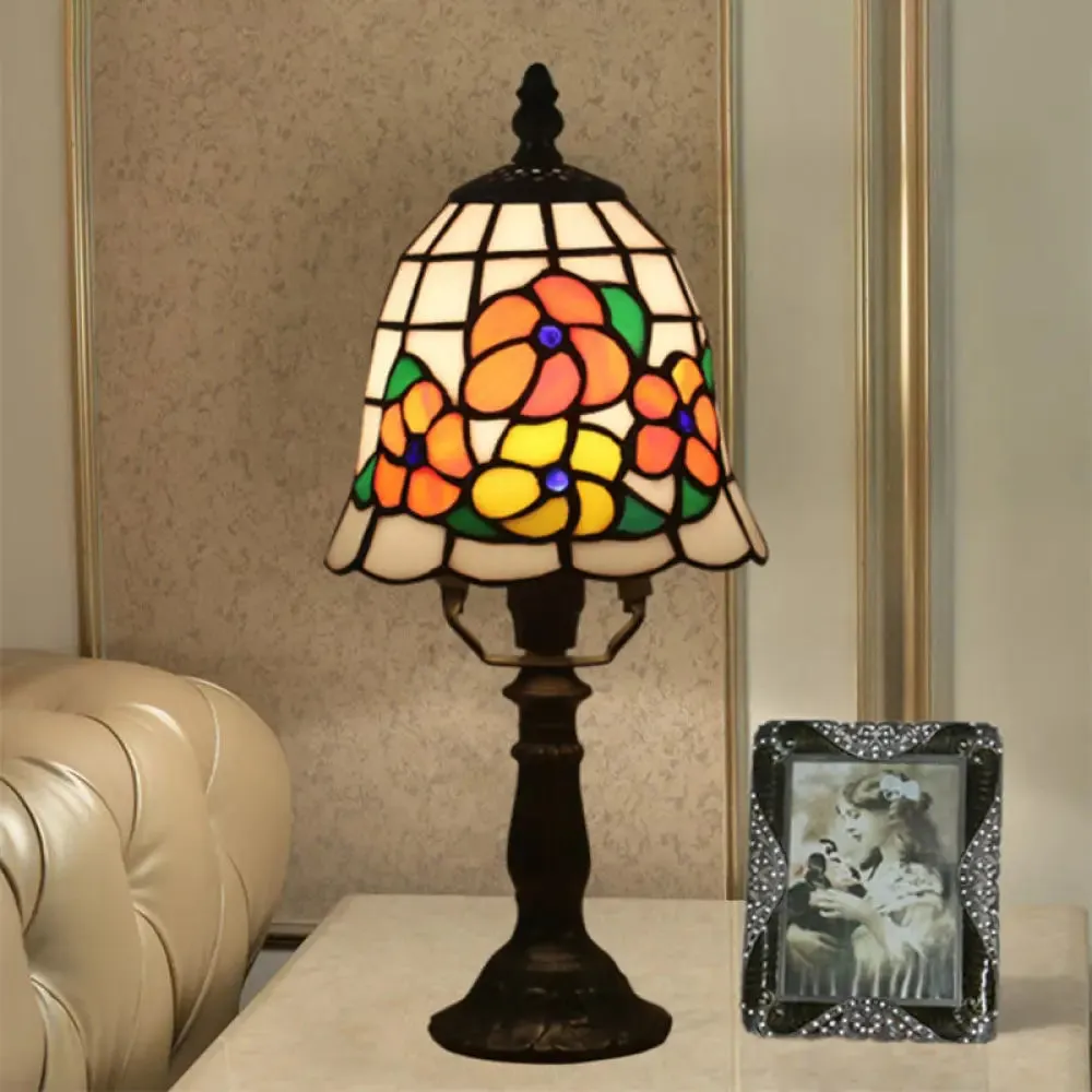 Baroque Bell Stained Art Glass Nightlight Table Lamp in Pink/Orange - Bloom Pattern Bedside Lighting