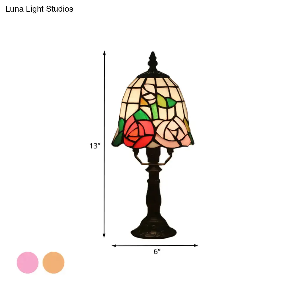 Baroque Bell Stained Art Glass Nightlight Table Lamp in Pink/Orange - Bloom Pattern Bedside Lighting