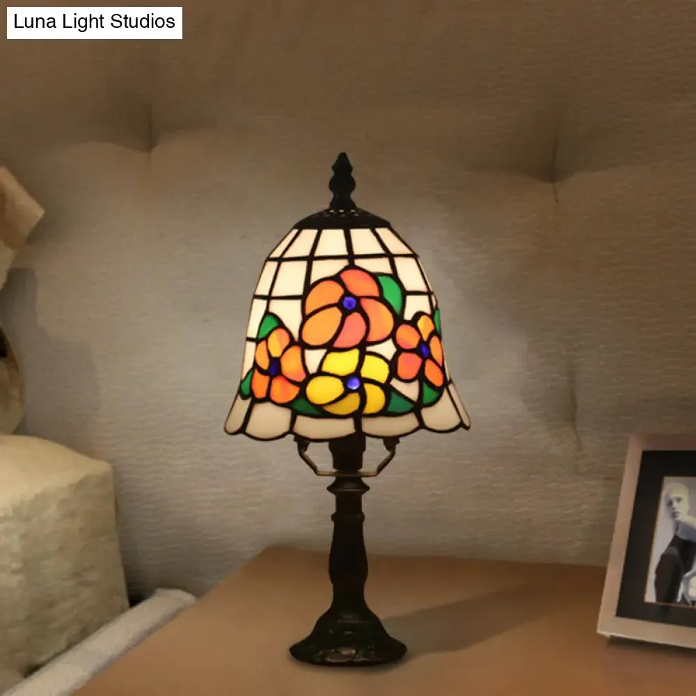 Baroque Bell Stained Art Glass Nightlight Table Lamp in Pink/Orange - Bloom Pattern Bedside Lighting