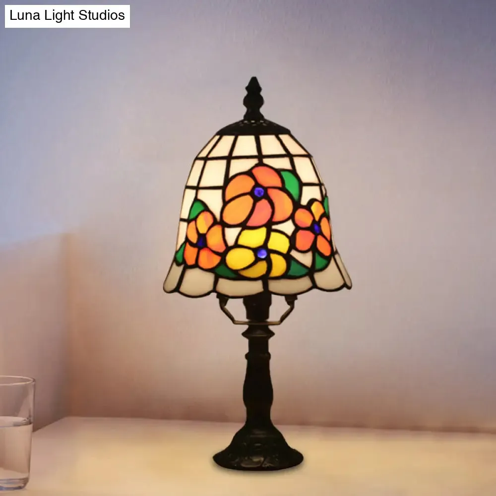 Baroque Bell Stained Art Glass Nightlight Table Lamp in Pink/Orange - Bloom Pattern Bedside Lighting