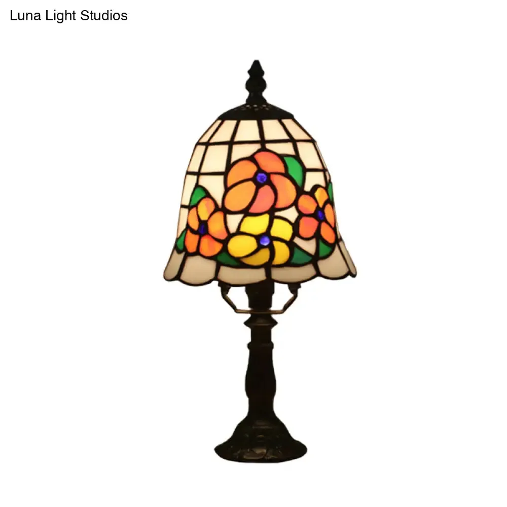 Baroque Bell Stained Art Glass Nightlight Table Lamp in Pink/Orange - Bloom Pattern Bedside Lighting