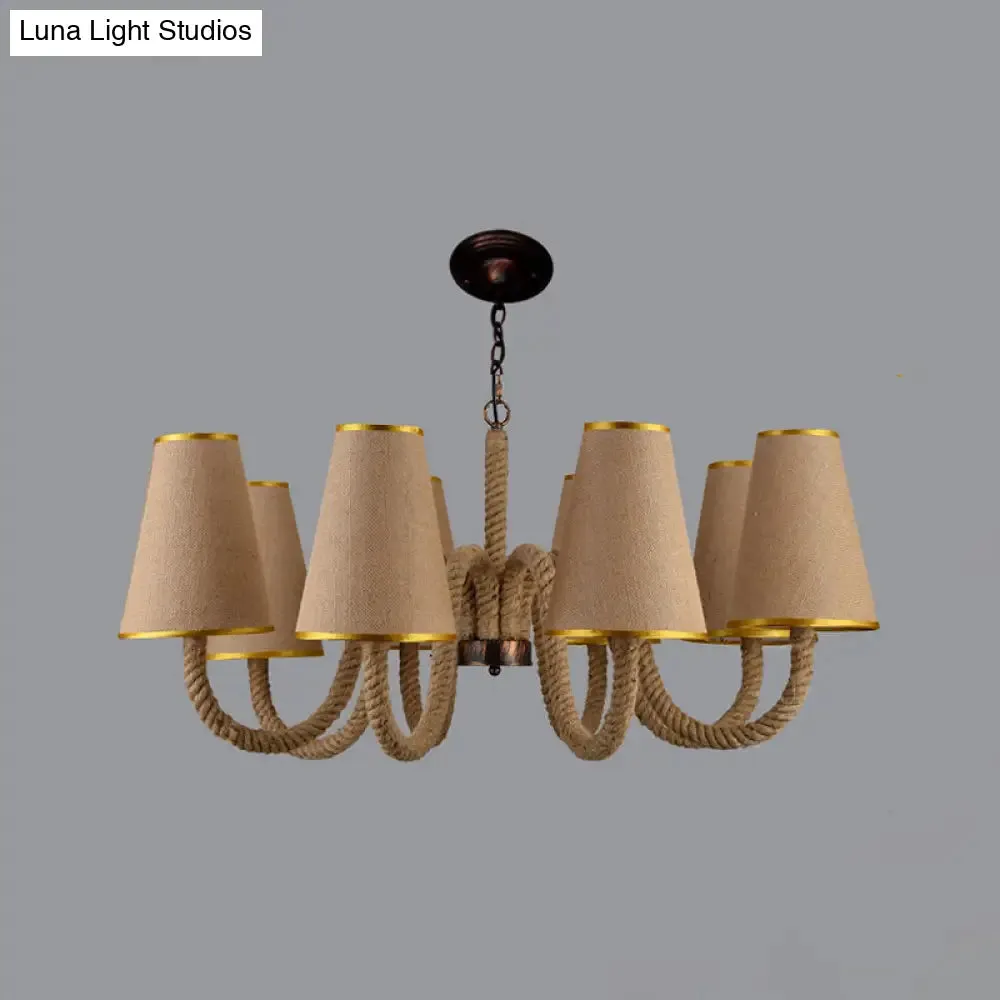 Beige Ceiling Chandelier with Antiqued Rope and Fabric Cone Shades - 3/5/8 Heads