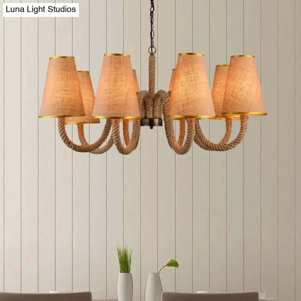 Beige Ceiling Chandelier with Antiqued Rope and Fabric Cone Shades - 3/5/8 Heads