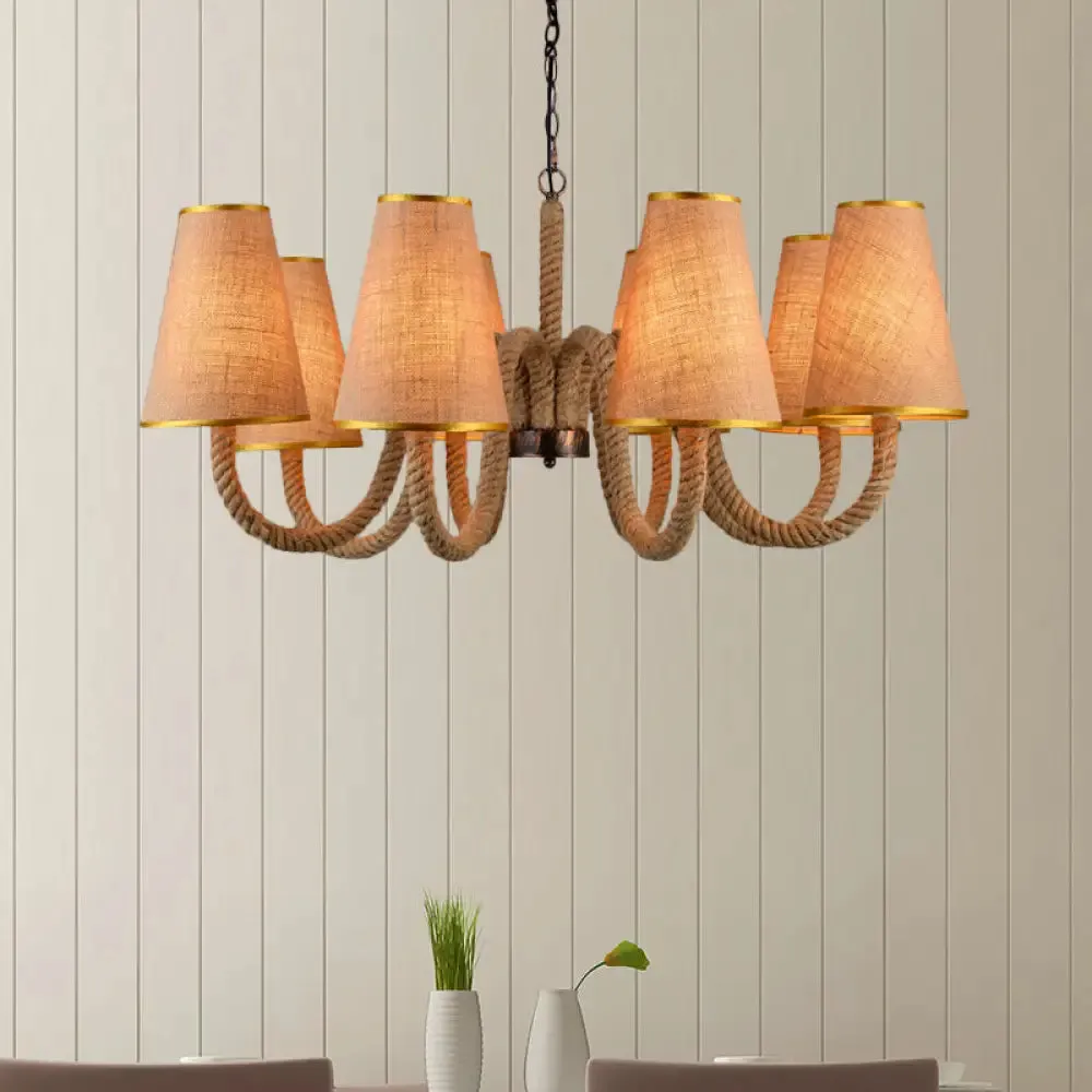 Beige Ceiling Chandelier with Antiqued Rope and Fabric Cone Shades - 3/5/8 Heads