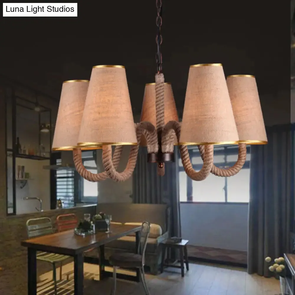 Beige Ceiling Chandelier with Antiqued Rope and Fabric Cone Shades - 3/5/8 Heads