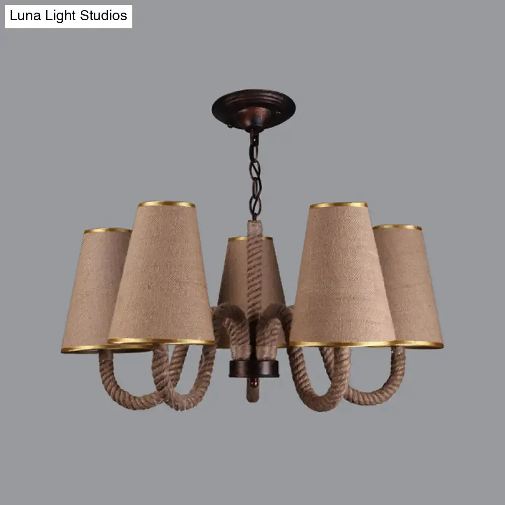 Beige Ceiling Chandelier with Antiqued Rope and Fabric Cone Shades - 3/5/8 Heads