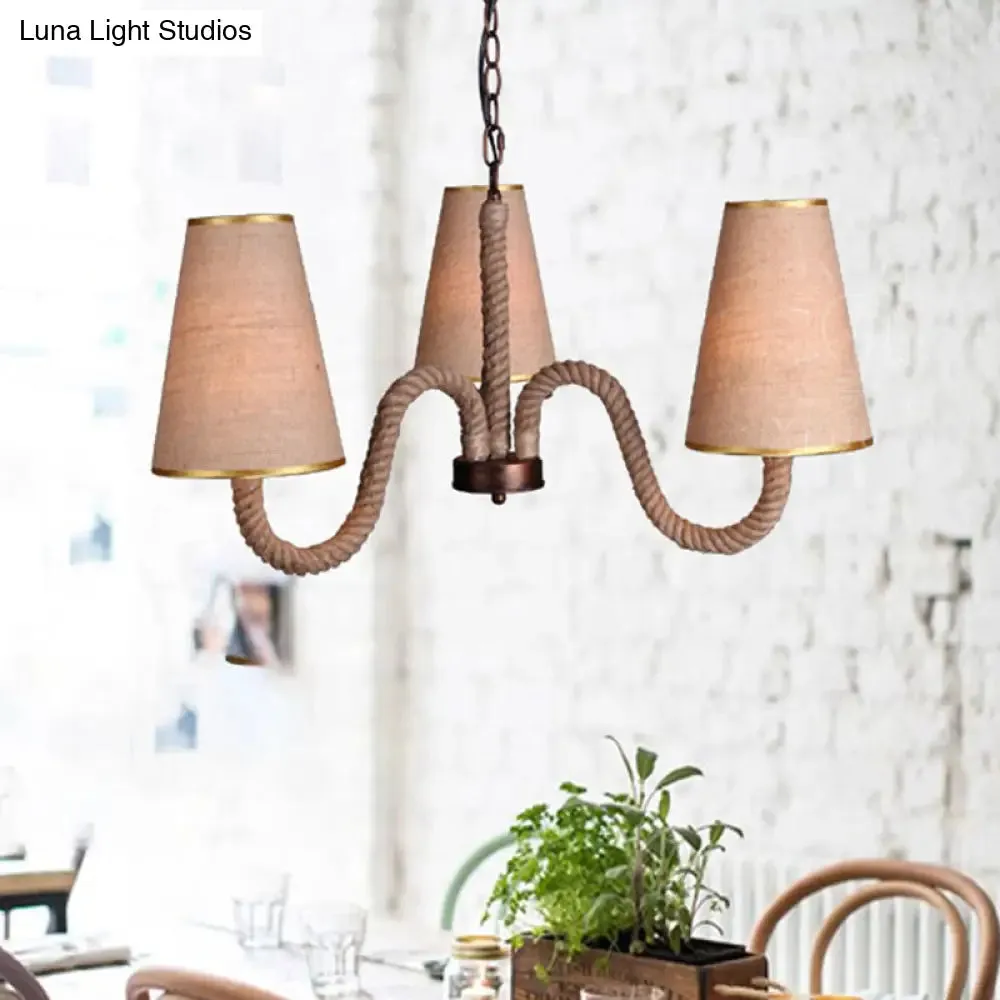 Beige Ceiling Chandelier with Antiqued Rope and Fabric Cone Shades - 3/5/8 Heads