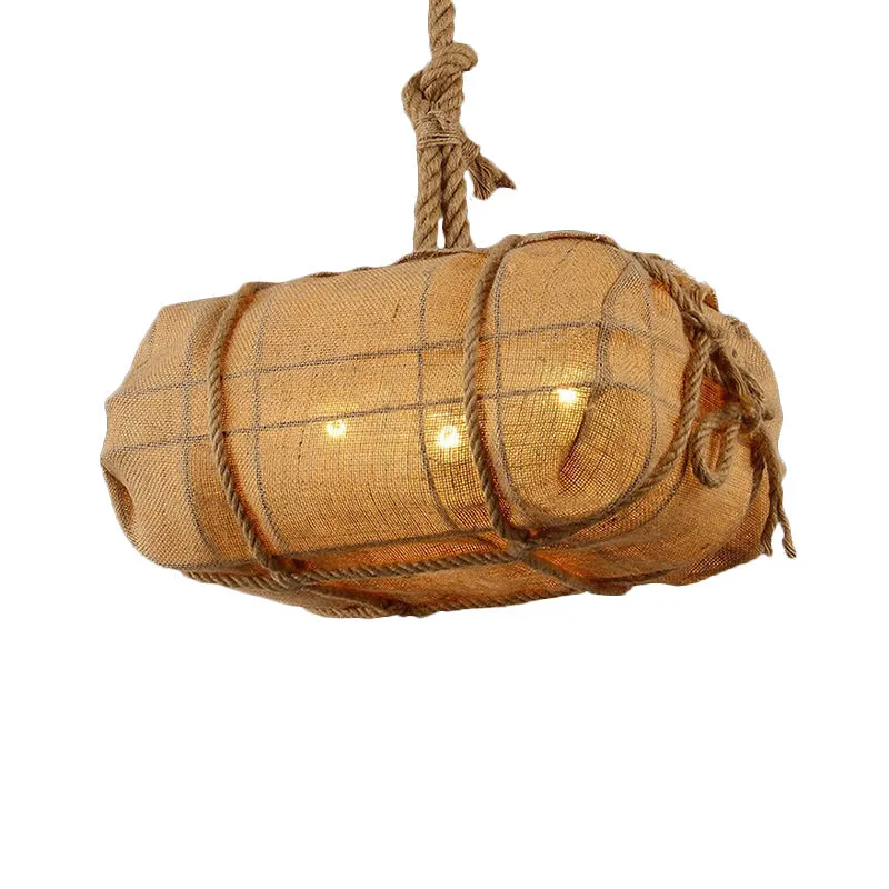 Beige Fabric Chandelier with 3 Bulbs - Countryside Pendant Lighting for Restaurants - Rope and Explosive Package Design