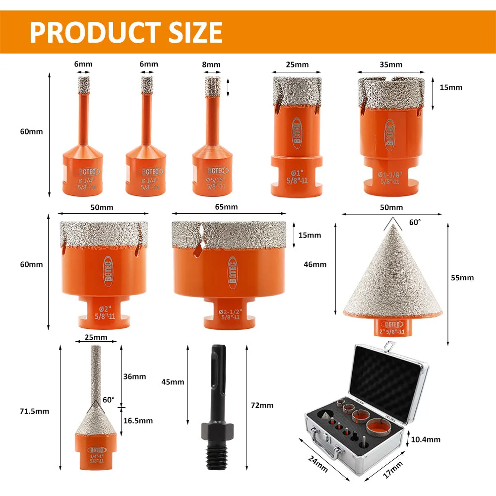 BGTEC Drilling Bit 10pcs/set with Lightning Teeth Marble Porcelain Tile Granite Vacuum brazed Hole Saw 5/8-11 Thread