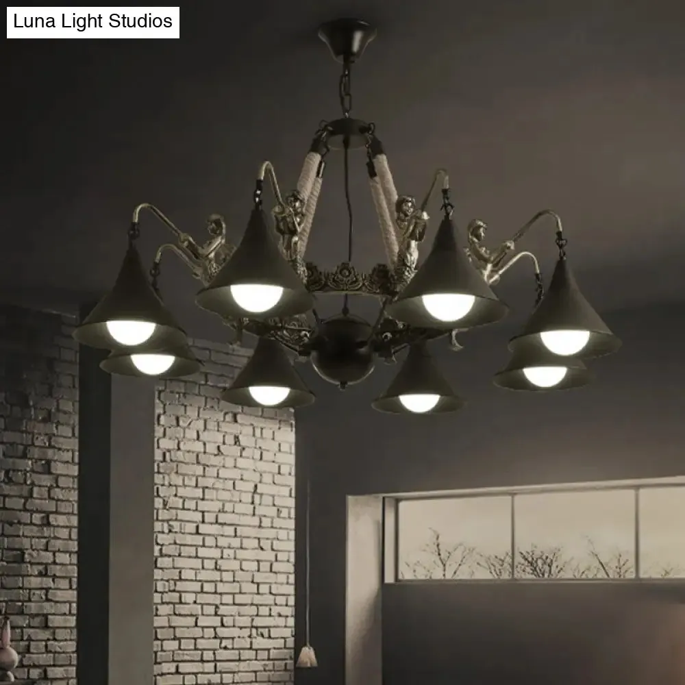 Black Industrial Bell Chandelier Light w/ Mermaid Deco - Metal/Rope Suspension | 6/8 Bulbs