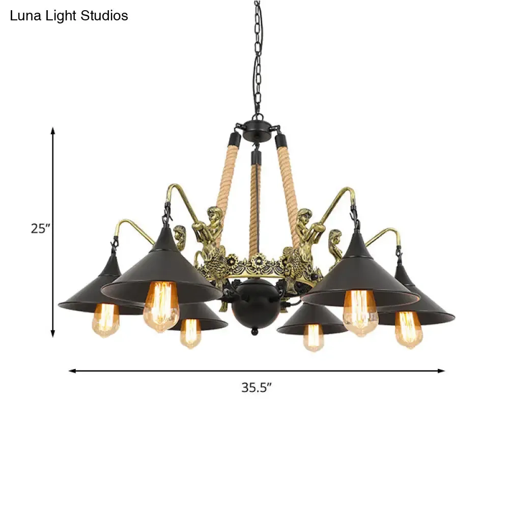 Black Industrial Bell Chandelier Light w/ Mermaid Deco - Metal/Rope Suspension | 6/8 Bulbs