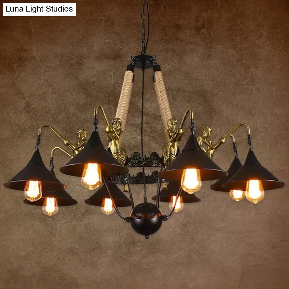 Black Industrial Bell Chandelier Light w/ Mermaid Deco - Metal/Rope Suspension | 6/8 Bulbs