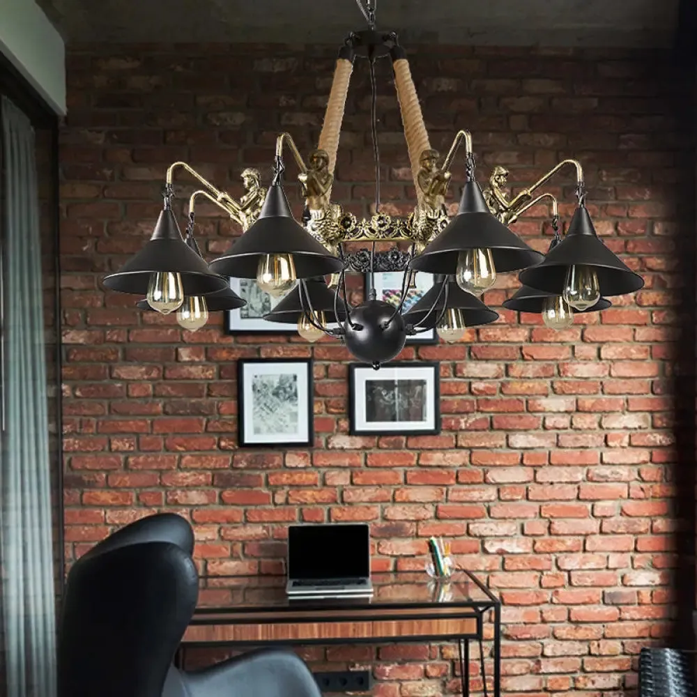 Black Industrial Bell Chandelier Light w/ Mermaid Deco - Metal/Rope Suspension | 6/8 Bulbs