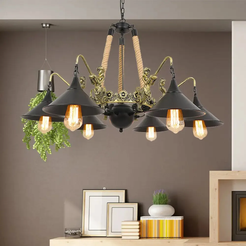 Black Industrial Bell Chandelier Light w/ Mermaid Deco - Metal/Rope Suspension | 6/8 Bulbs