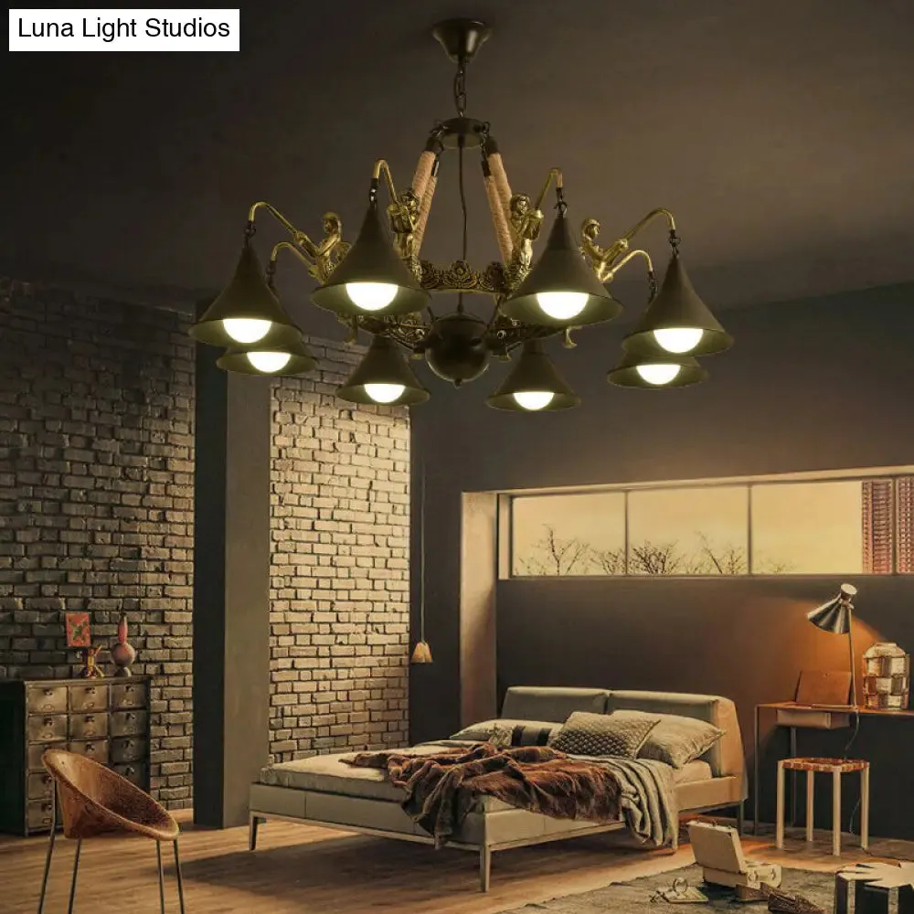 Black Industrial Bell Chandelier Light w/ Mermaid Deco - Metal/Rope Suspension | 6/8 Bulbs