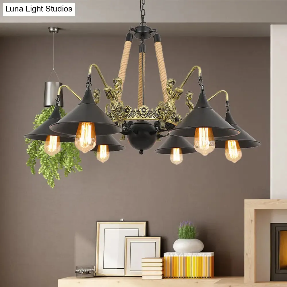 Black Industrial Bell Chandelier Light w/ Mermaid Deco - Metal/Rope Suspension | 6/8 Bulbs