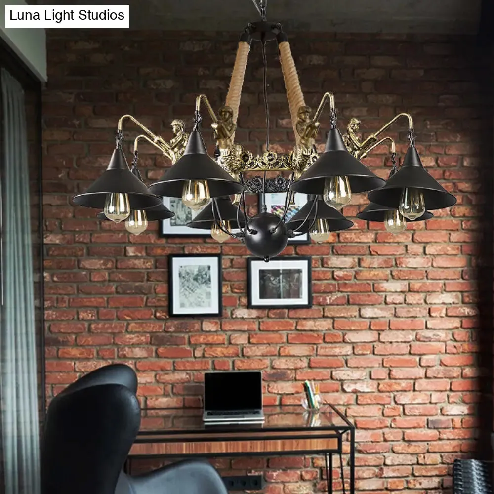 Black Industrial Bell Chandelier Light w/ Mermaid Deco - Metal/Rope Suspension | 6/8 Bulbs