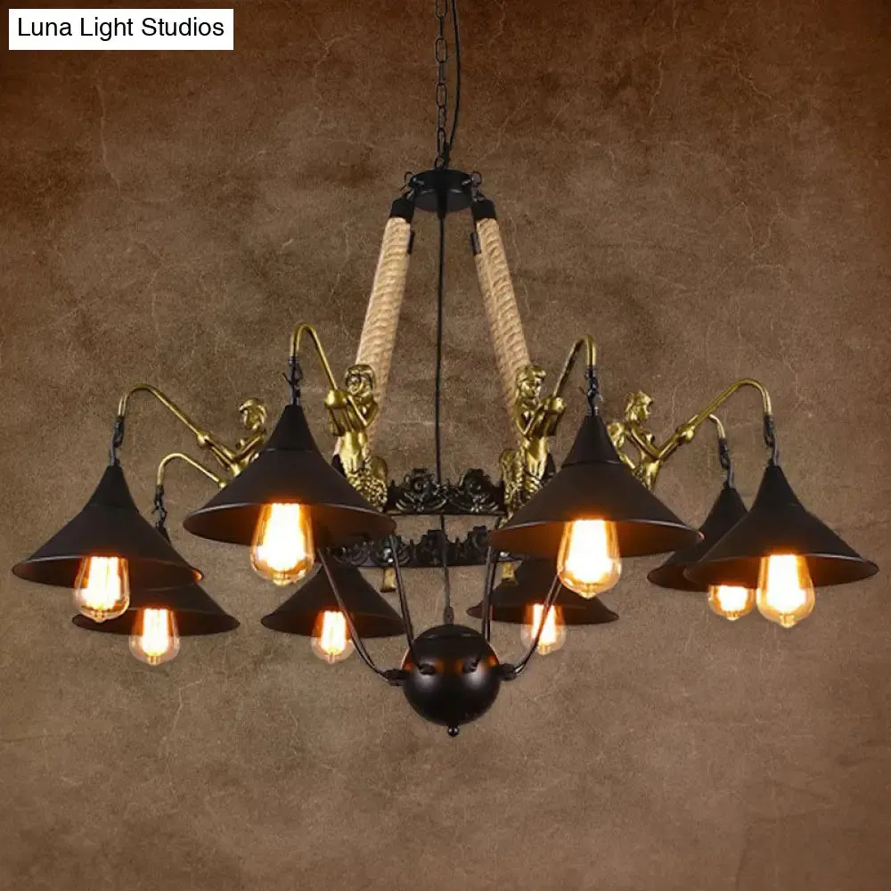 Black Industrial Bell Chandelier Light w/ Mermaid Deco - Metal/Rope Suspension | 6/8 Bulbs