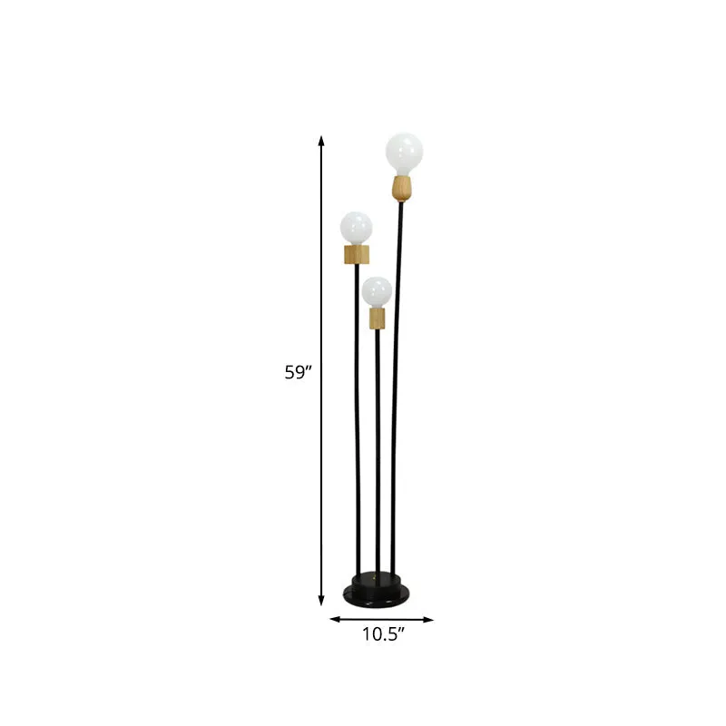 Bulb Floor Lamp - Minimalist Metallic 3-Head Stand Up Light for Study Room - Black