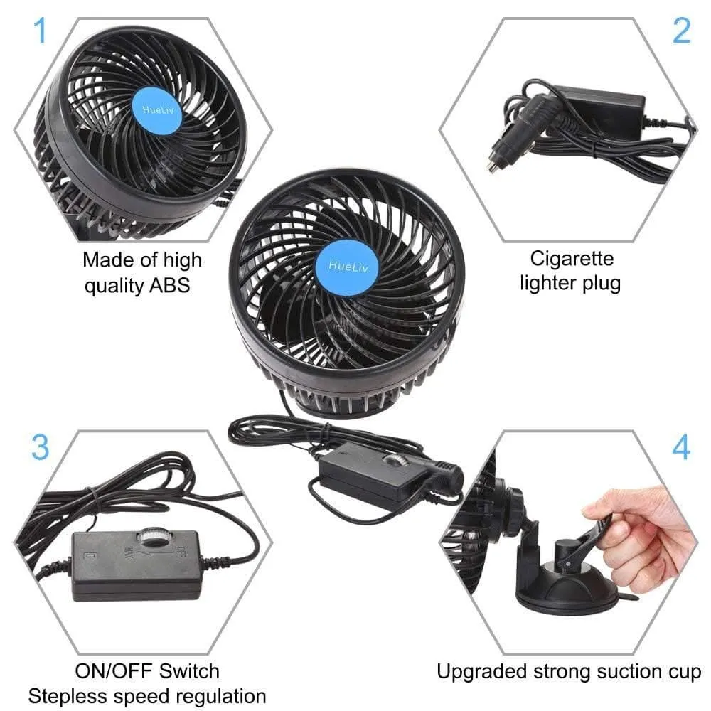 Car Fan 12V, 6" Electric Car Cooling Fan with 360 Degree Adjustable Head