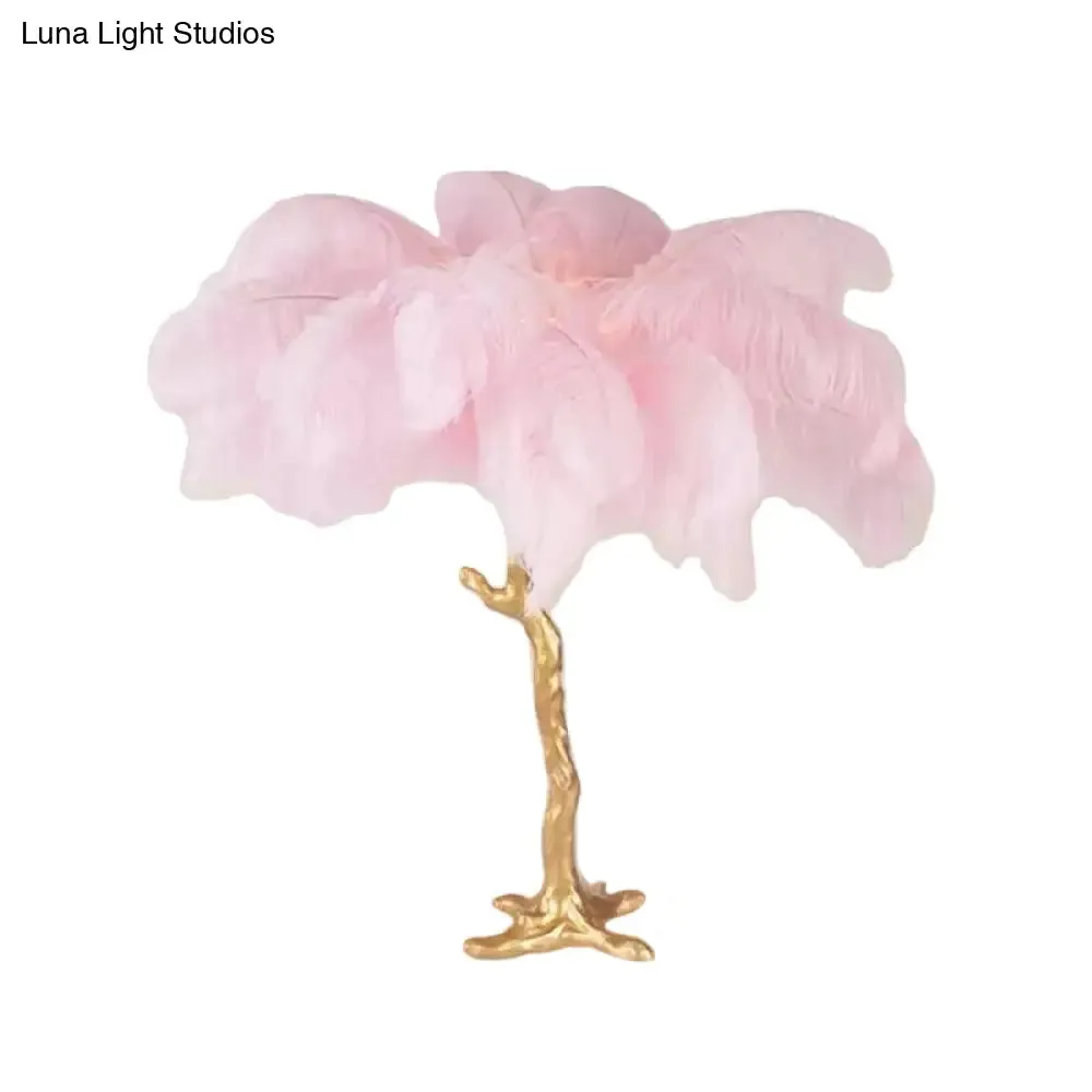 Coconut Tree Night Lamp: Artistic Feather Design, Pink and Gold - Perfect Living Room Table Light