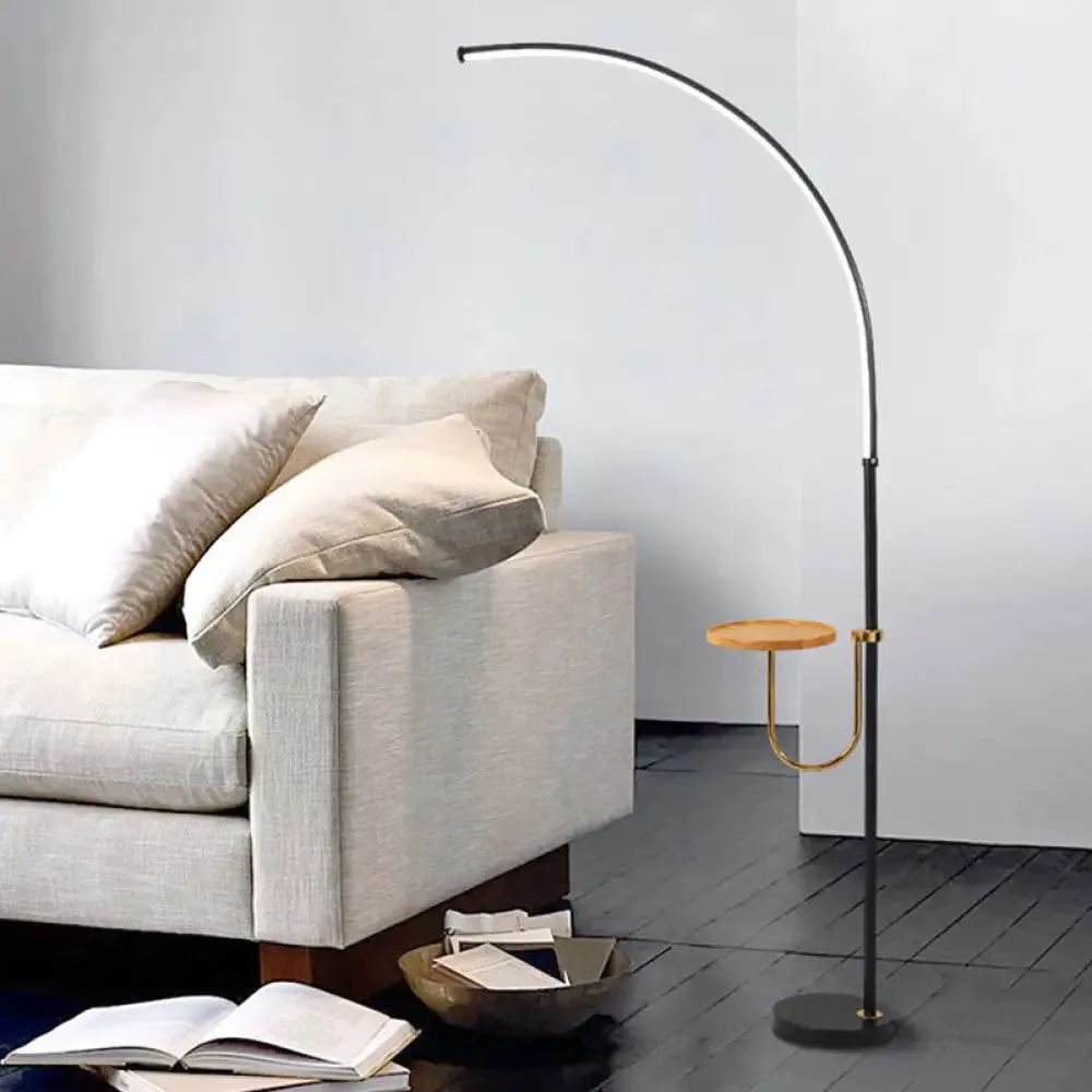 Contemporary LED Black Floor Lamp with Table Design - Bent Metallic Standing Lighting in Warm/White Light