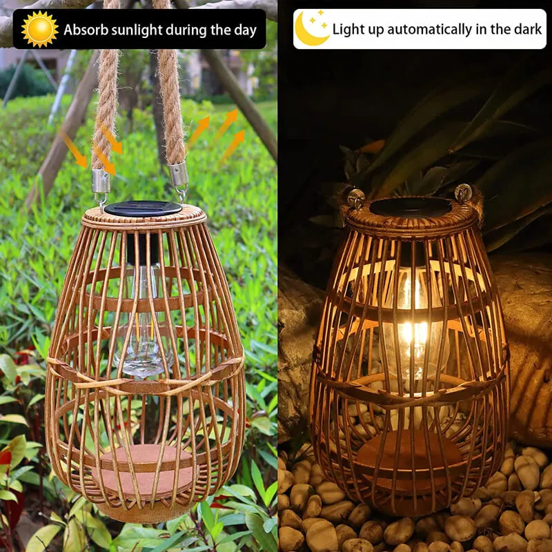 Contemporary Retro Hemp Rope Rattan Weaving Cage LED Solar Waterproof Standing Floor Lamp For Garden