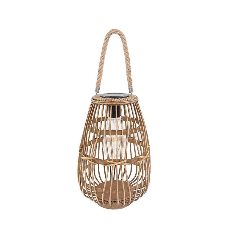 Contemporary Retro Hemp Rope Rattan Weaving Cage LED Solar Waterproof Standing Floor Lamp For Garden