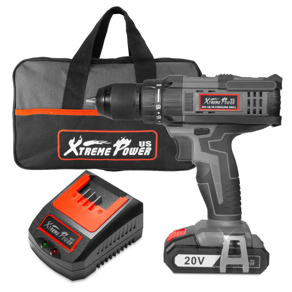 Cordless Drill, 20V MAX Drill Driver 2000mAh Batteries, 400 In-lbs, 18 1 Torque Setting, Fast Charger 2.0A, 0-1400RPM w/ Carrying Bag