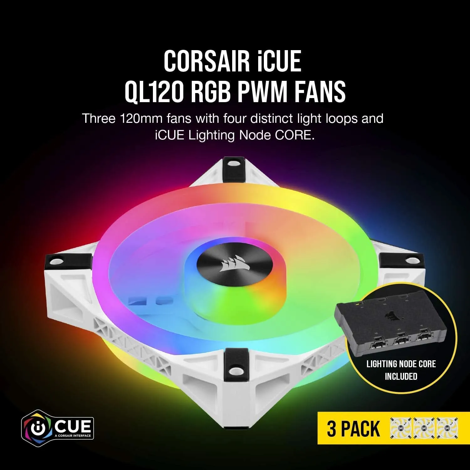 CORSAIR QL120 RGB CABINET FAN TRIPLE PACK WITH LIGHTING NODE CORE WHITE