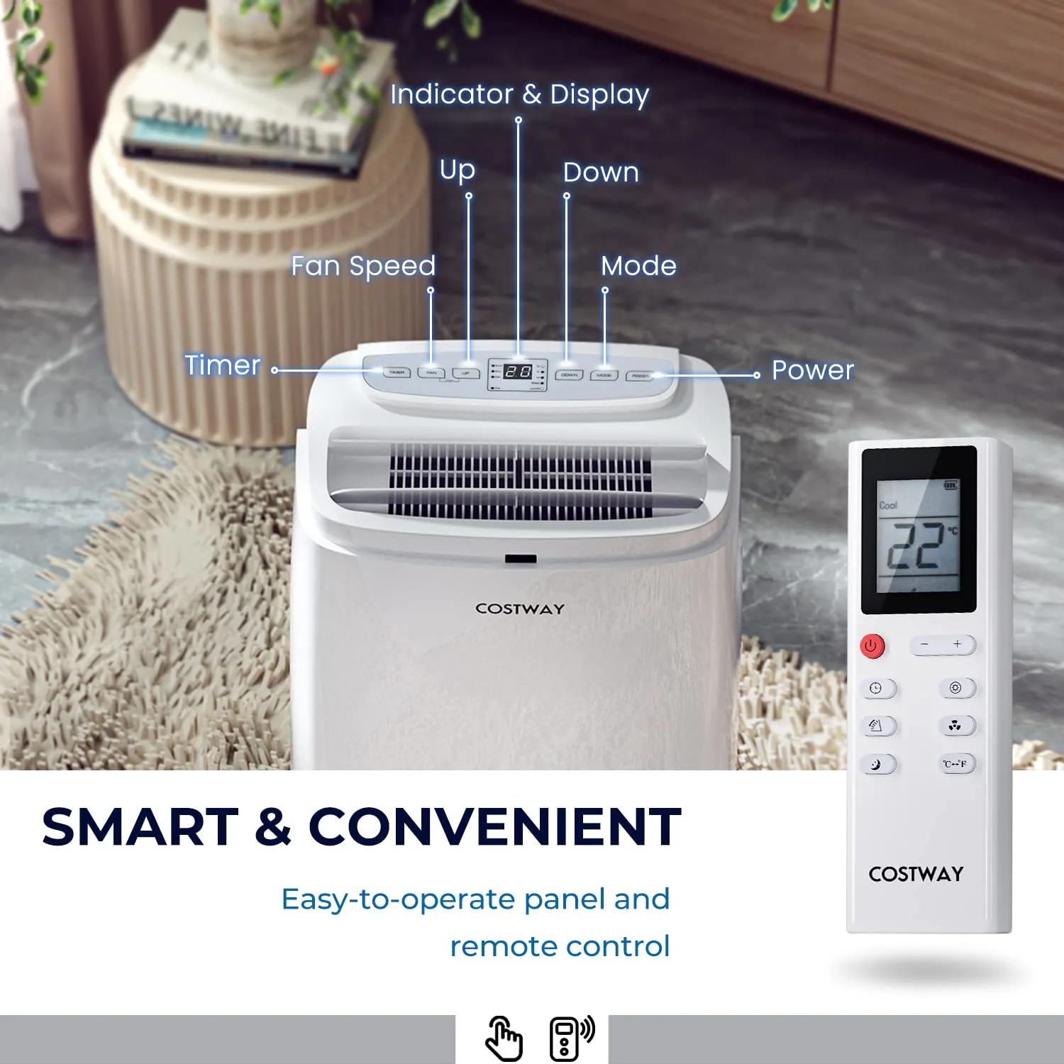 COSTWAY Portable Air Conditioner, 1,2000 BTU 3 in 1 Air Cooler with Fan & Dehumidifier, Quiet AC Unit Cools Rooms up to 450 sq.ft, Sleep Mode, 3 Fan Speeds, 24H Timer, Digital Display & Remote Control (12000BTU)