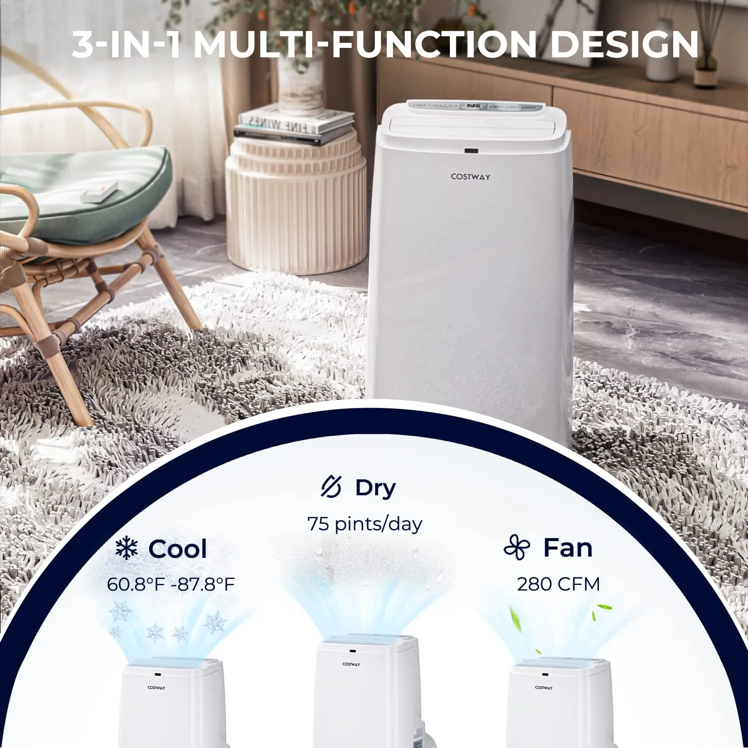 COSTWAY Portable Air Conditioner, 1,2000 BTU 3 in 1 Air Cooler with Fan & Dehumidifier, Quiet AC Unit Cools Rooms up to 450 sq.ft, Sleep Mode, 3 Fan Speeds, 24H Timer, Digital Display & Remote Control (12000BTU)