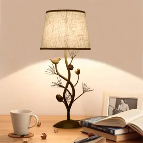 Country Style Drum Bedroom Night Table Lamp with Tree and Bird Design - Beige, 1-Light Desk Light