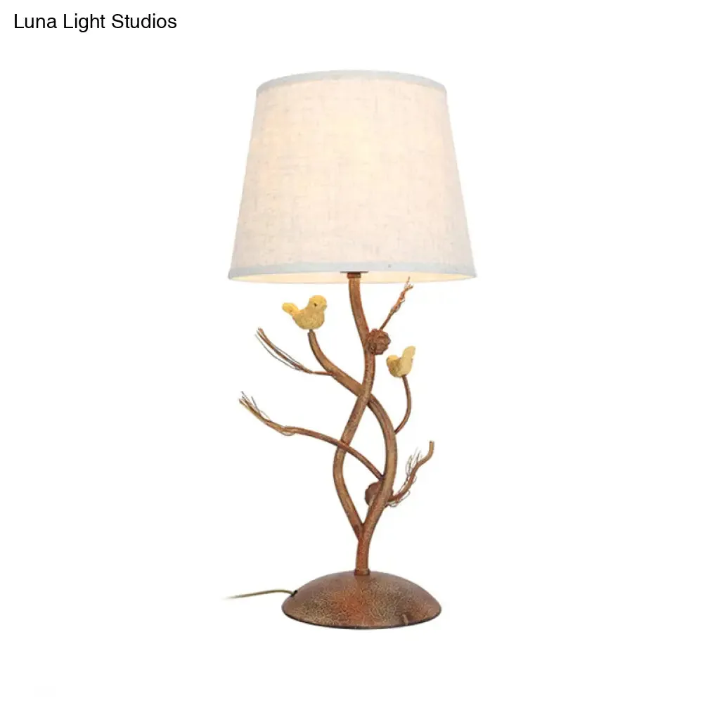 Country Style Drum Bedroom Night Table Lamp with Tree and Bird Design - Beige, 1-Light Desk Light