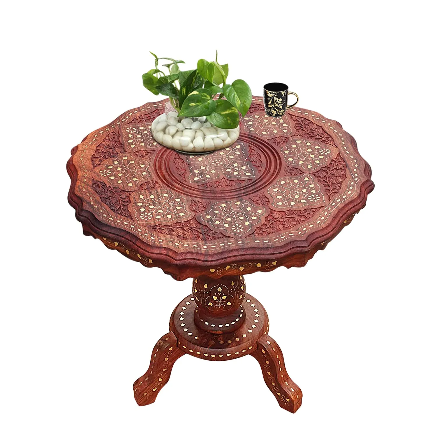 CRAFTCASTLE Wooden Brass Carving/Round Beautiful Carving Design Side Table/Coffee Table/Outdoor Table/Decor/Living Room Furniture. (15 Inch)