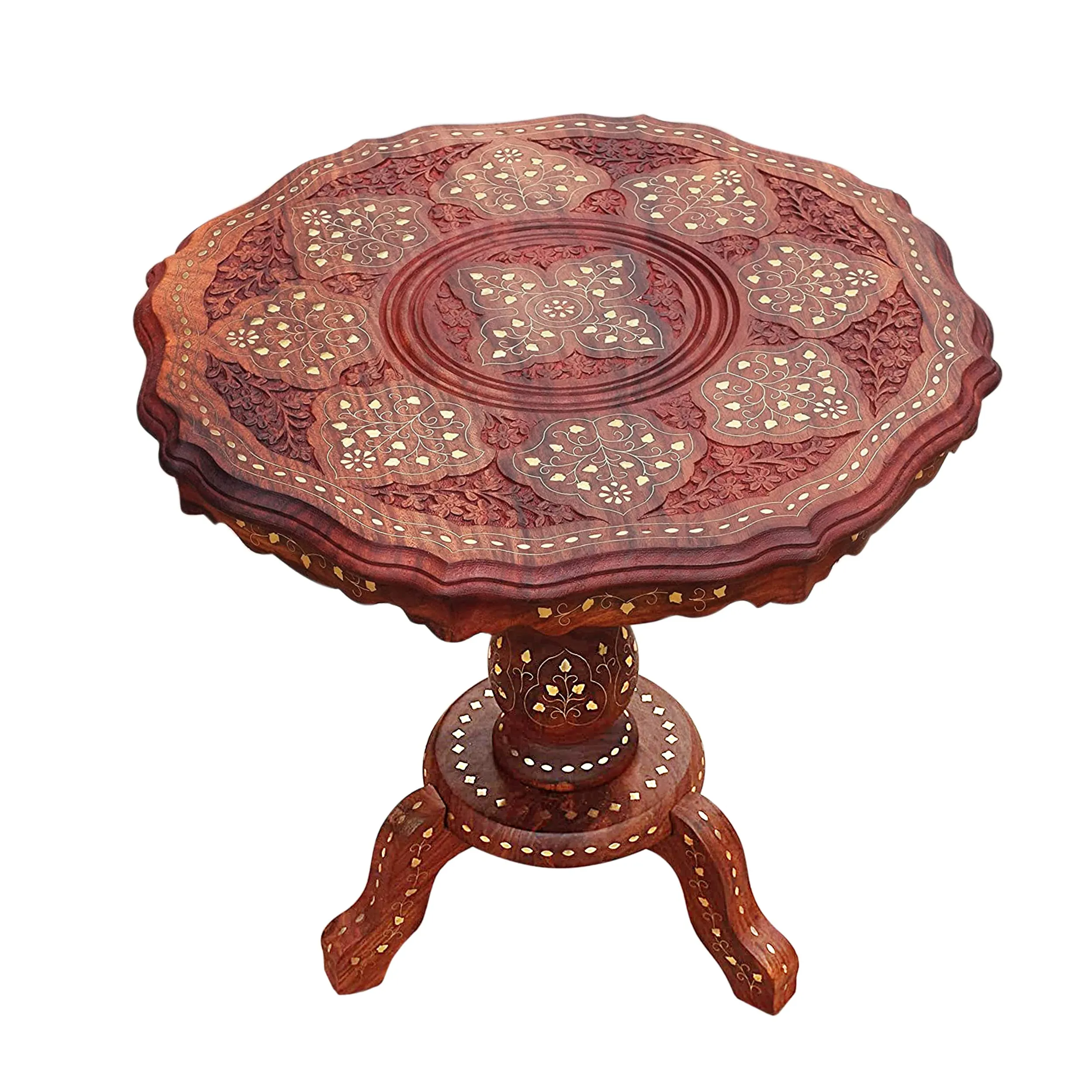 CRAFTCASTLE Wooden Brass Carving/Round Beautiful Carving Design Side Table/Coffee Table/Outdoor Table/Decor/Living Room Furniture. (15 Inch)