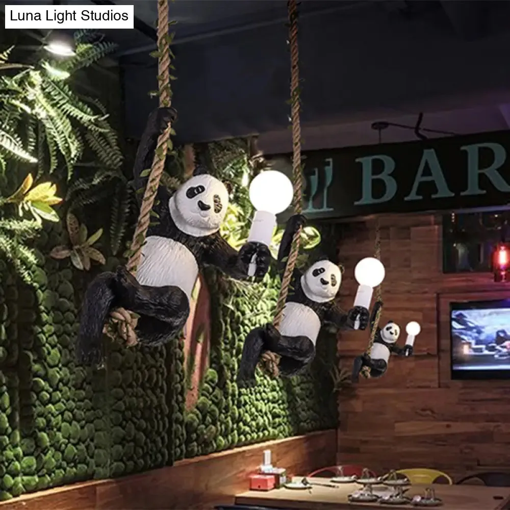 Creative Resin Panda Pendant Light Fixture with Rope Rod – Black and White, 1-Bulb Hanging Lamp Kit