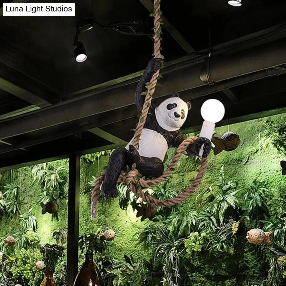 Creative Resin Panda Pendant Light Fixture with Rope Rod – Black and White, 1-Bulb Hanging Lamp Kit