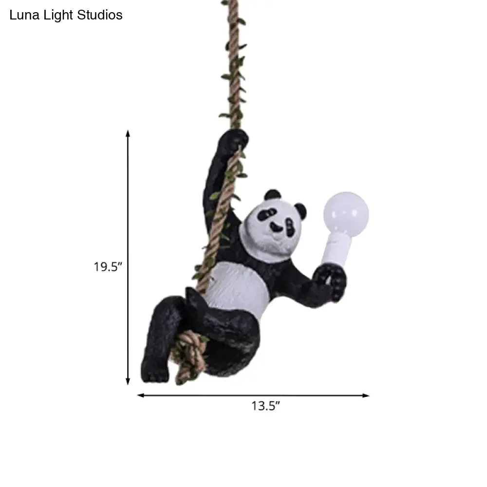 Creative Resin Panda Pendant Light Fixture with Rope Rod – Black and White, 1-Bulb Hanging Lamp Kit