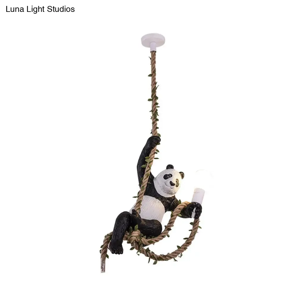 Creative Resin Panda Pendant Light Fixture with Rope Rod – Black and White, 1-Bulb Hanging Lamp Kit