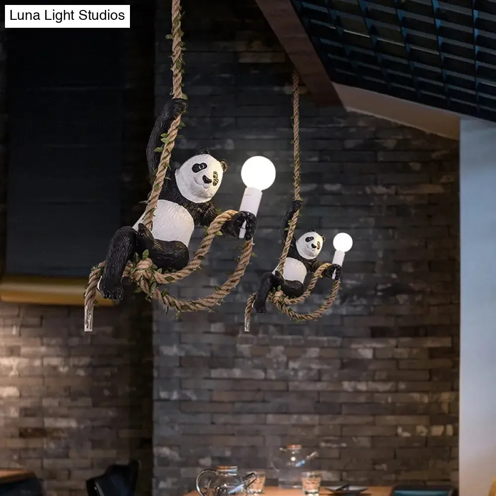 Creative Resin Panda Pendant Light Fixture with Rope Rod – Black and White, 1-Bulb Hanging Lamp Kit